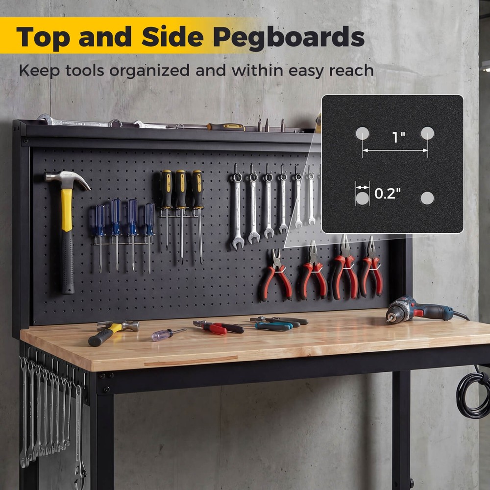 Heavy Duty Workbench with AC/USB Outlets and Pegboard, Max Load 2000 LBS