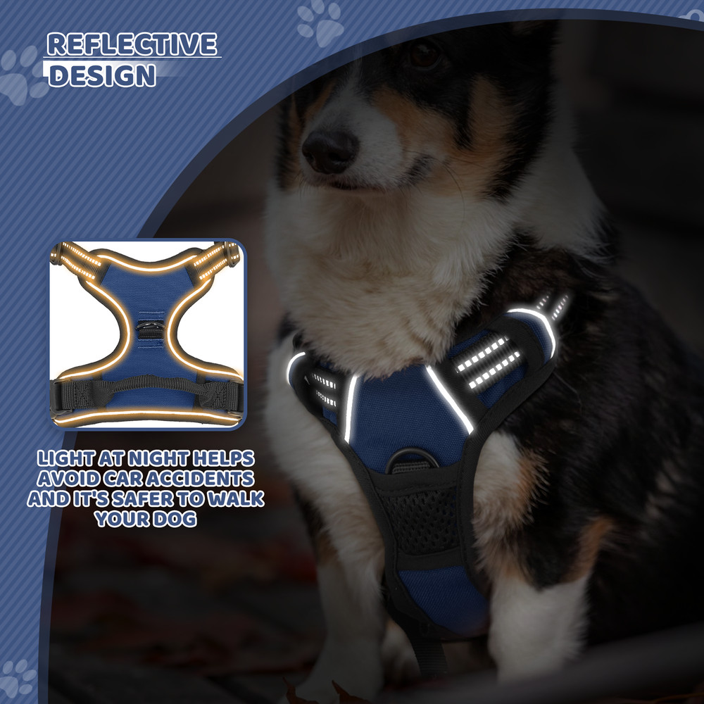 Padded Adjustable Control Pet Dog Harness Reflective Strips Navy Blue w/Handle