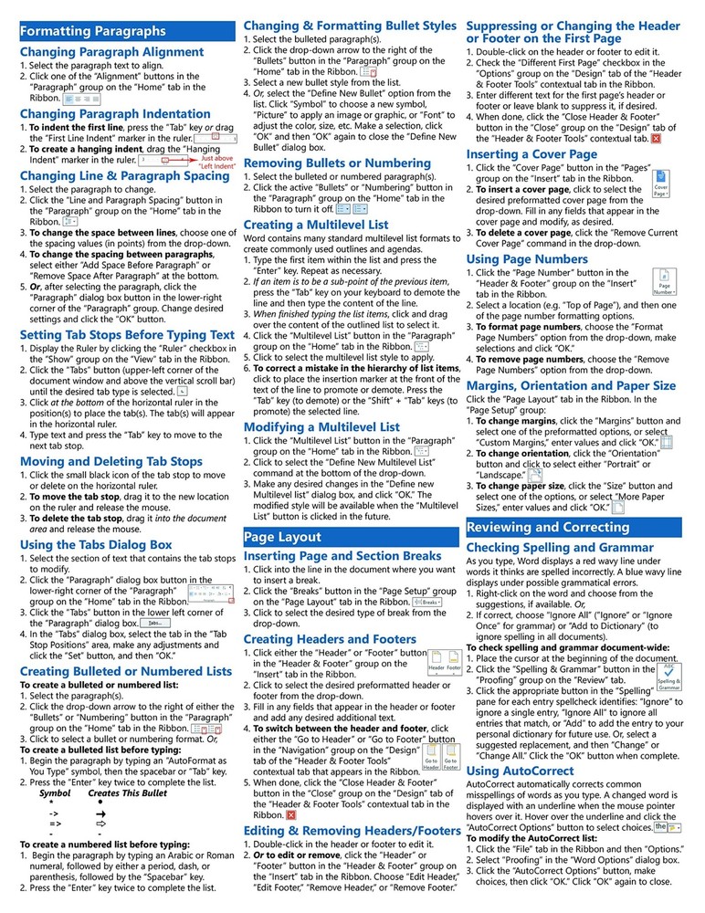 Word 2013 Training Guide Quick Reference Card 4 Page Cheat Sheet Instructions