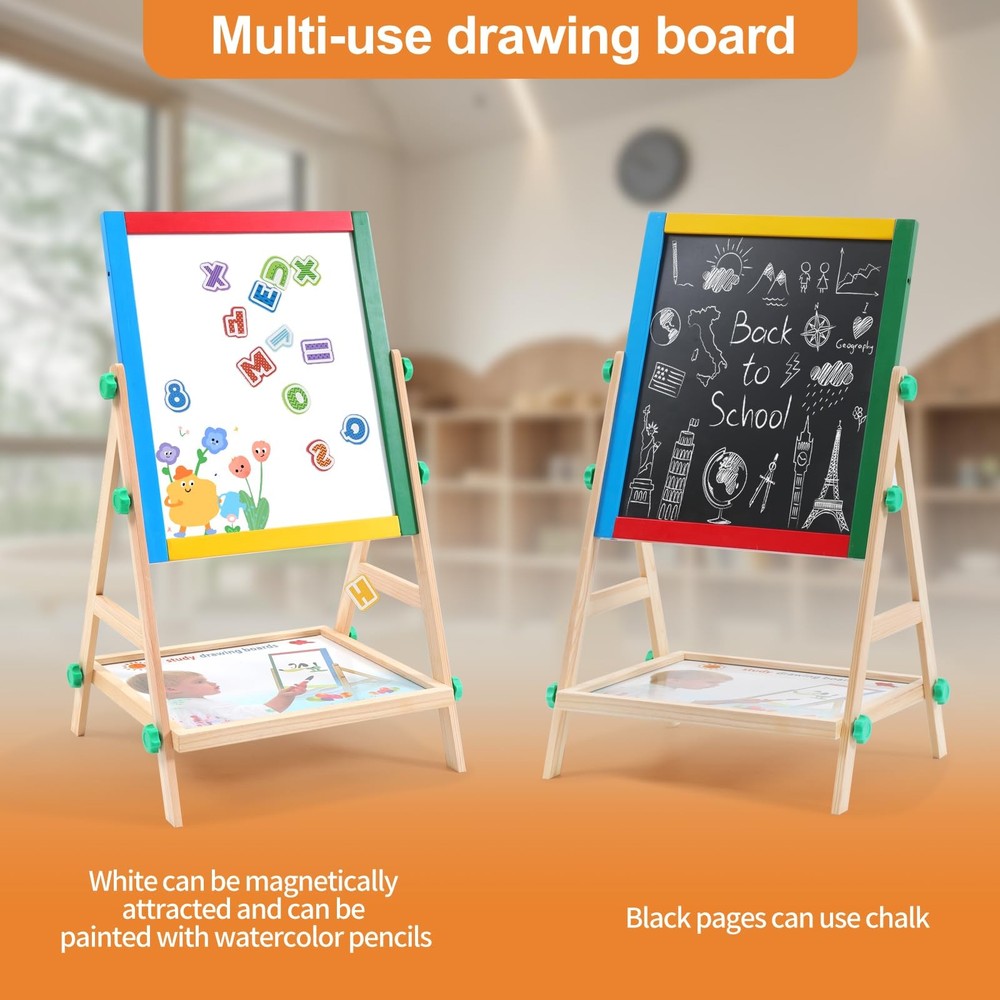Wooden Art Easel for Kids, 2 in 1 Multi-Functional Double-Sided Adjustable Bl...