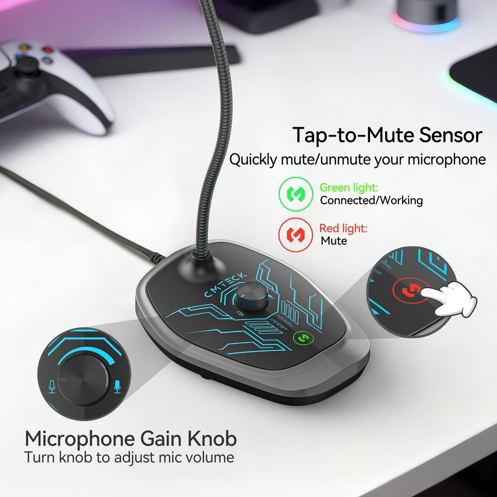 USB Computer Microphone, Microphone for pc with RGB Light, Mute Function, Noi...