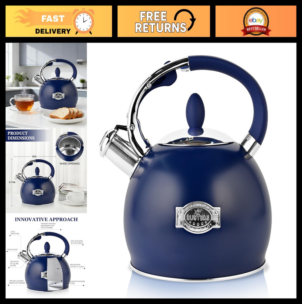 Stainless Steel Whistling Tea Kettle - 2.64 Quart, Cool Touch Handle, Navy Blue,