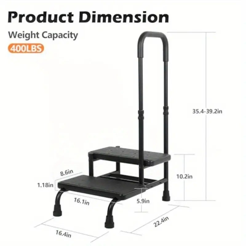 NWT ~ Large Black Heavy Duty 2-Step Stool with Tall Handle - 350 lbs Capacity