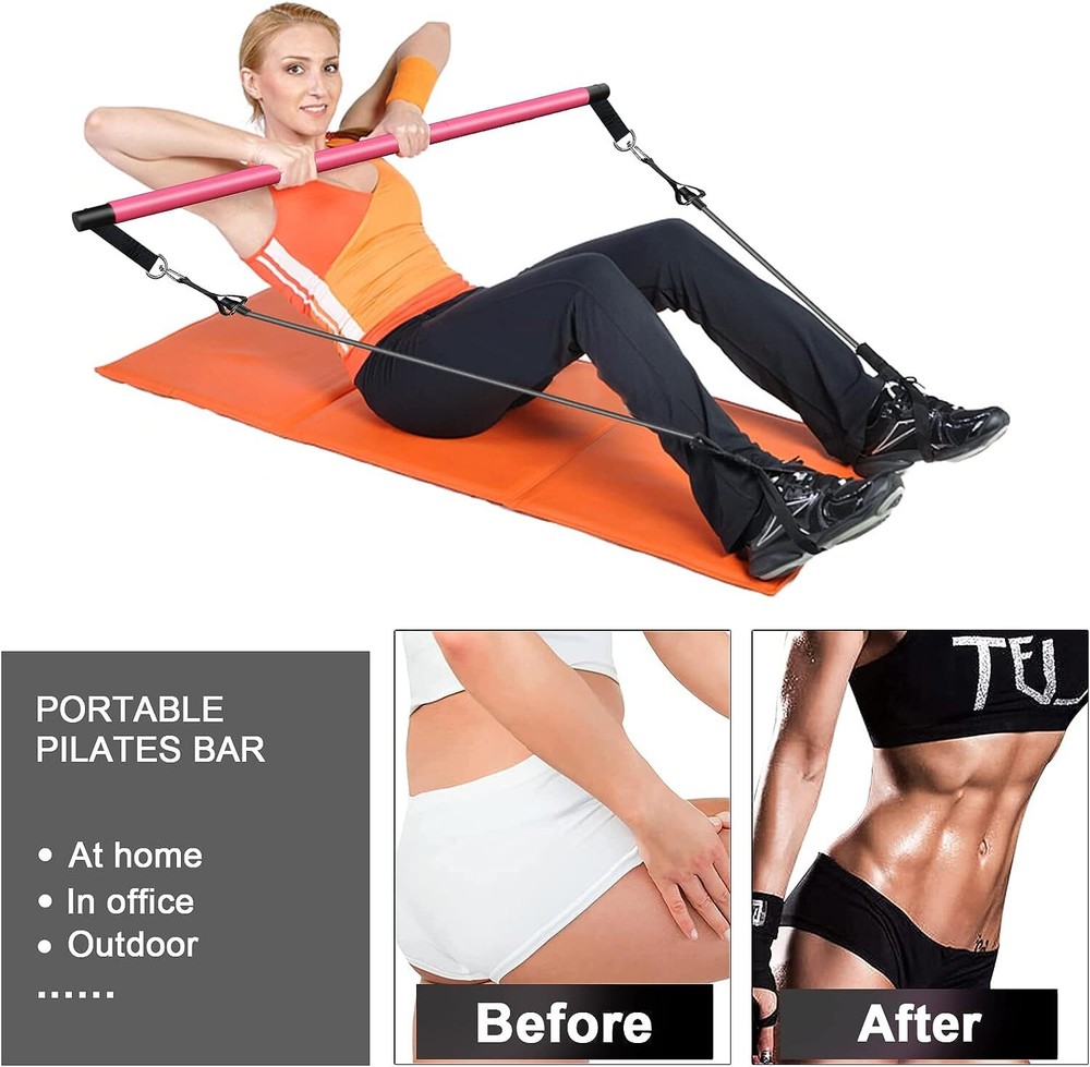 3-Section Pilates Bar Kit with 4 Stackable Resistance Bands PINK (30/40 LBS)