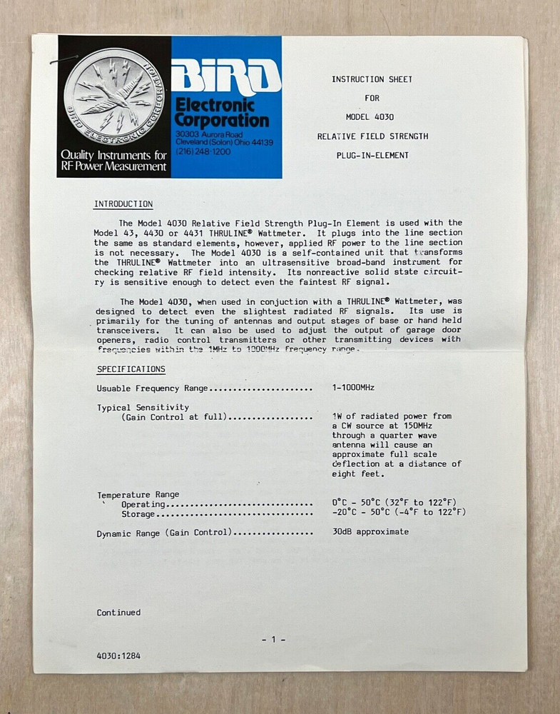 Bird Model 4030 Relative Field Strength Plug-In Element Original Instructions