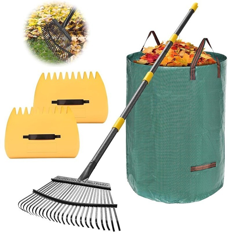 Garden Cleanup Set Heavy Duty Rake Adjustable Handle Leaf Scoops & Bag New