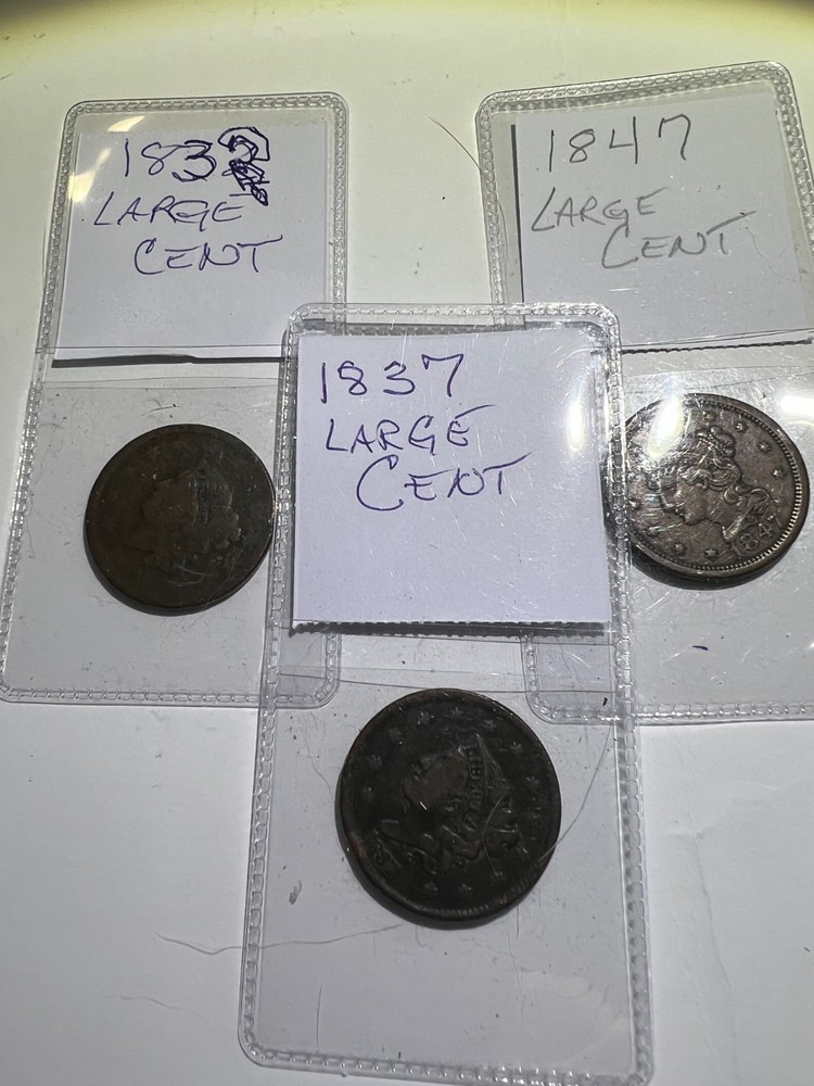 3 assorted date large cent pennies