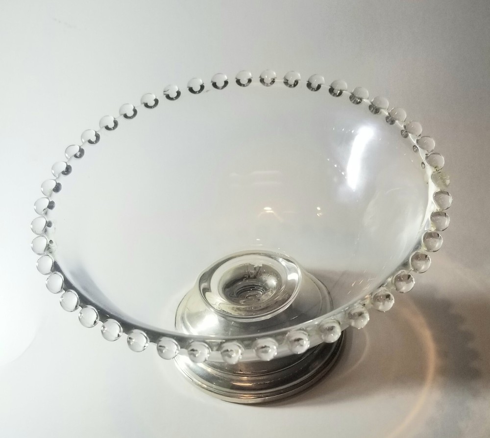 CROWN Sterling Silver Weighted Compote Silver Base Glass Dish Bowl, Nubby Edged