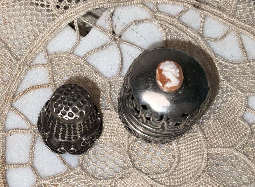 Antique Sterling Silver Thimble Holder with Thimble Cameo