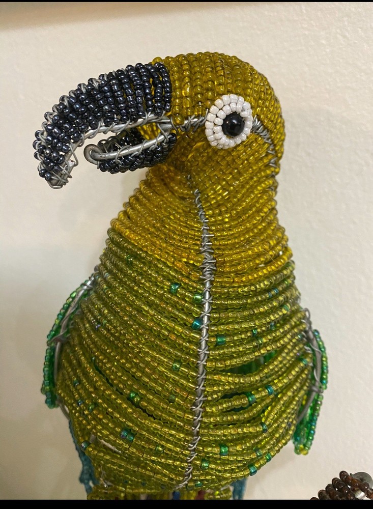 Hand Crafted Beaded Wired Parrot Bird On Perch