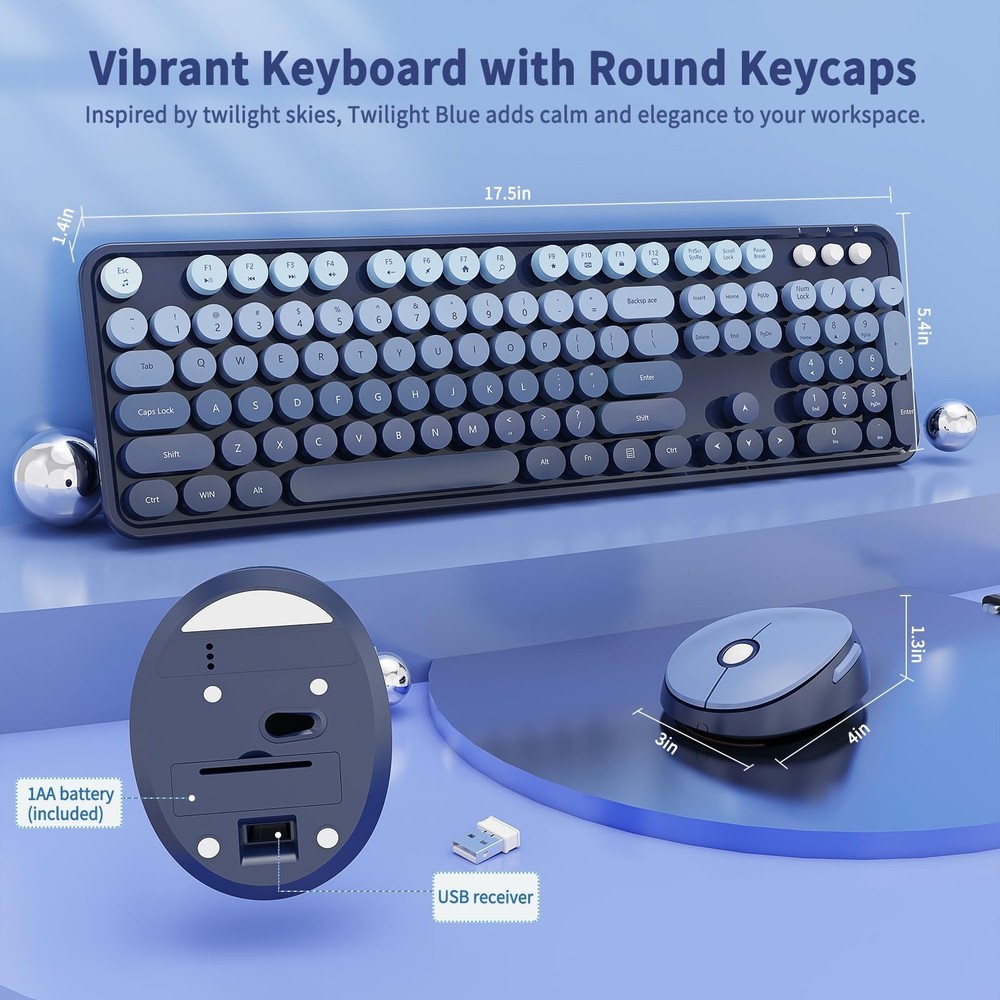 Wireless Keyboard and Mouse Combo, Retro Typewriter Keyboard with Round Keyca...