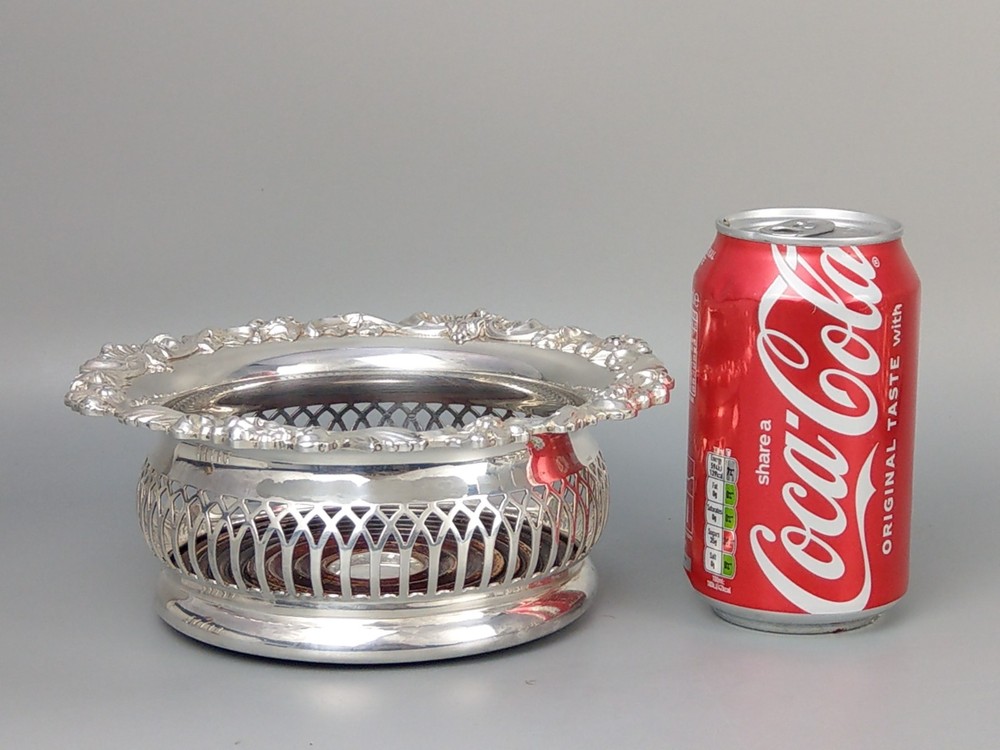 Antique Pierced Bottle Coaster Silver Plated Grape & Vine