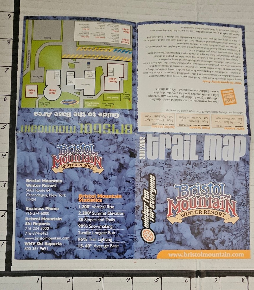 2001/02 BRISTOL MT. SKI AREA TRAIL MAP. NY MINT