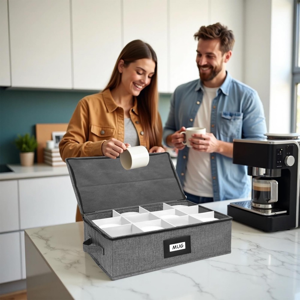 Mug Storage Box with 12 Compartments, Gray Hard Shell Container, Padded Divid...