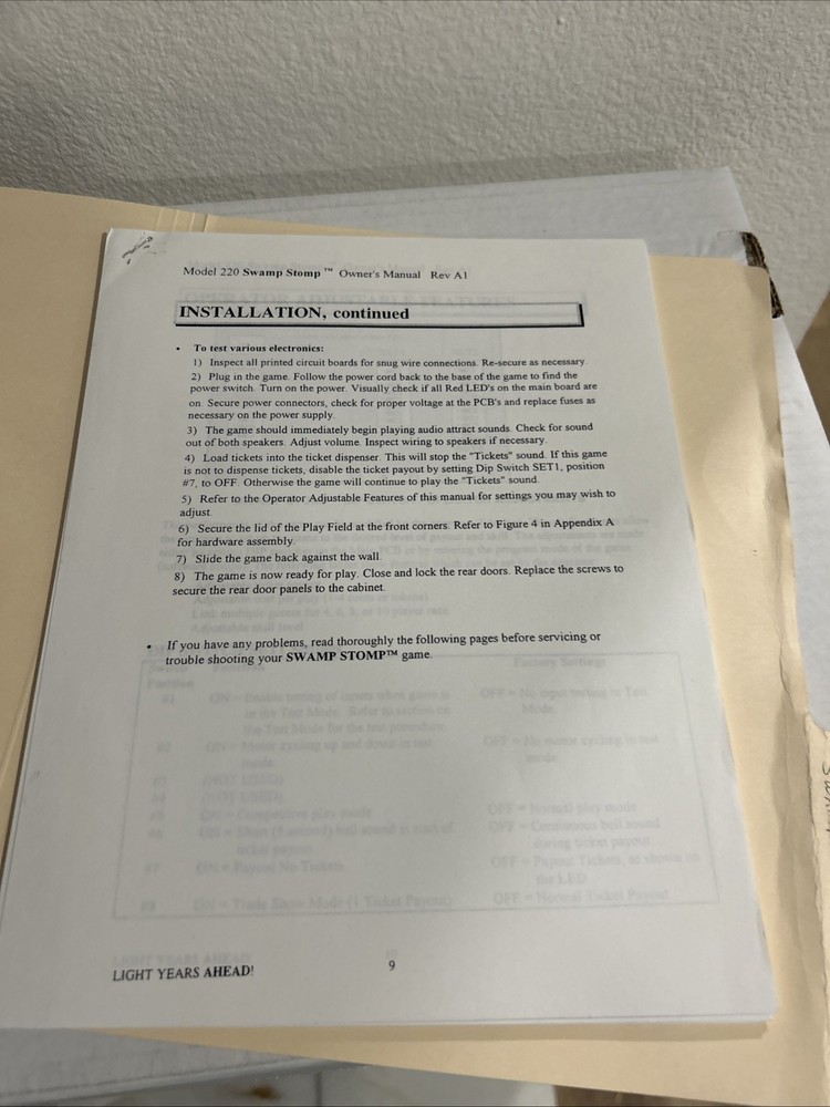 Swamp Stomp Arcade Game OWNERS manual