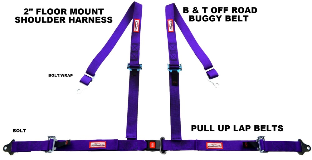 PURPLE 4 POINT SEAT BELT 2" HARNESS PULL UP LAP BELTS FLOOR MOUNT PUSH BUTTON