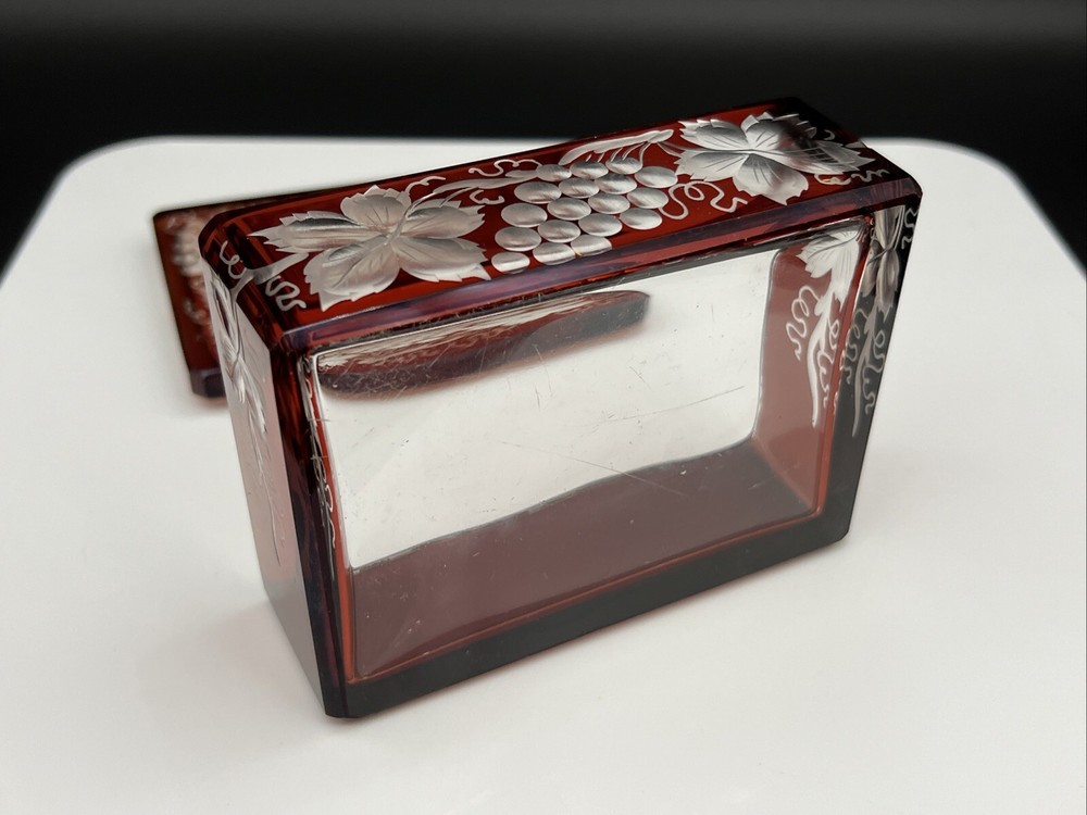 Vintage Ruby Stained Cut Glass Engraved Grape Vine Lidded Glass Cigarette Box