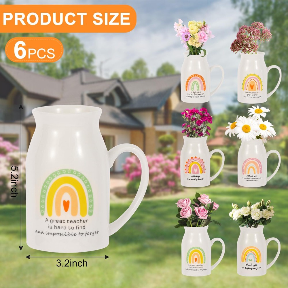 Teacher Appreciation Ceramic Vases 6pc Rainbow Flower Small Handle Gift