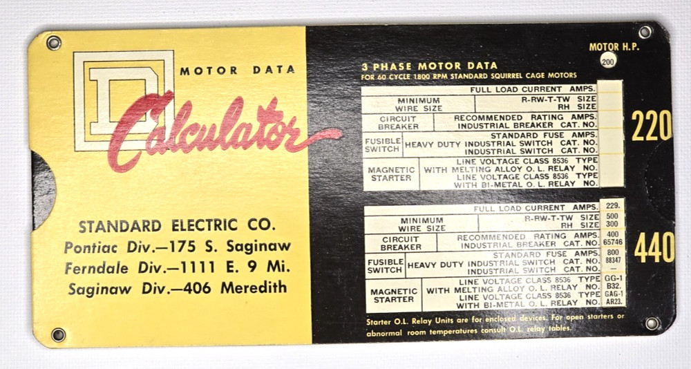 1955 Square-D Motor Data Calculator