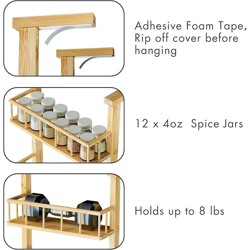 Hanging Spice Rack Bamboo 3 Tier Kitchen Organizer Refrigerator & Pantry Storage