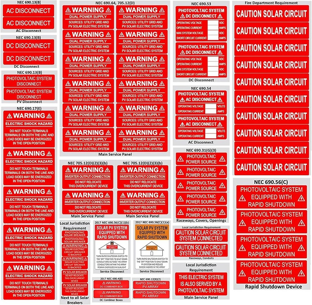 Premium Solar PV System Labels 62pcs
