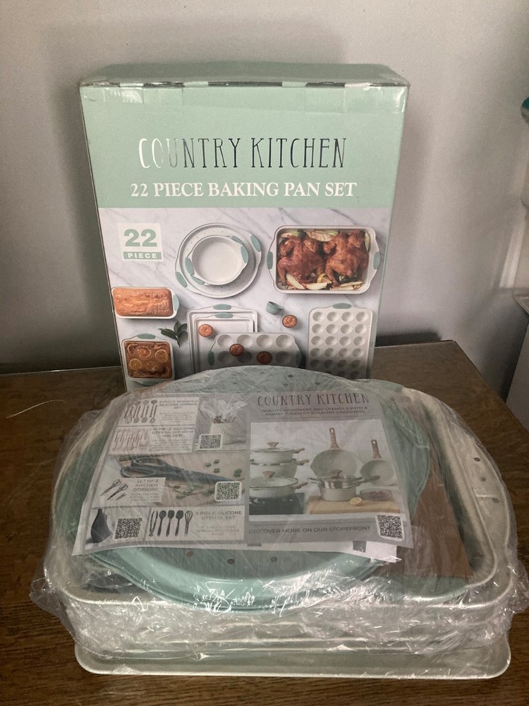 Country Kitchen 22 piece Nonstick Bakeware Set Sage & Cream Heavy Duty Stackable
