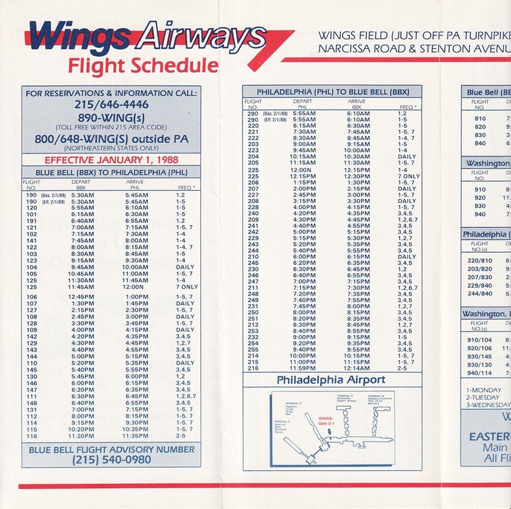 Wings Airways timetable 1988/01/01