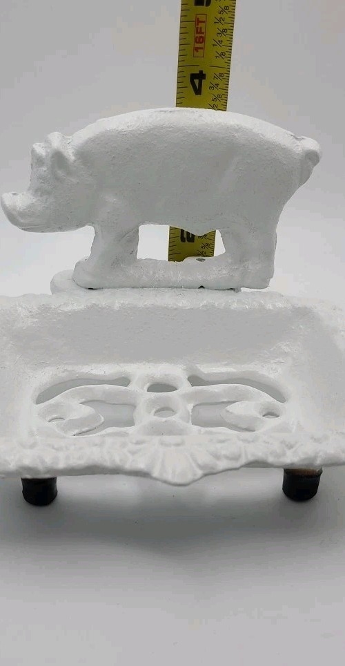 Vintage Soap Dish White Cast Iron Pig