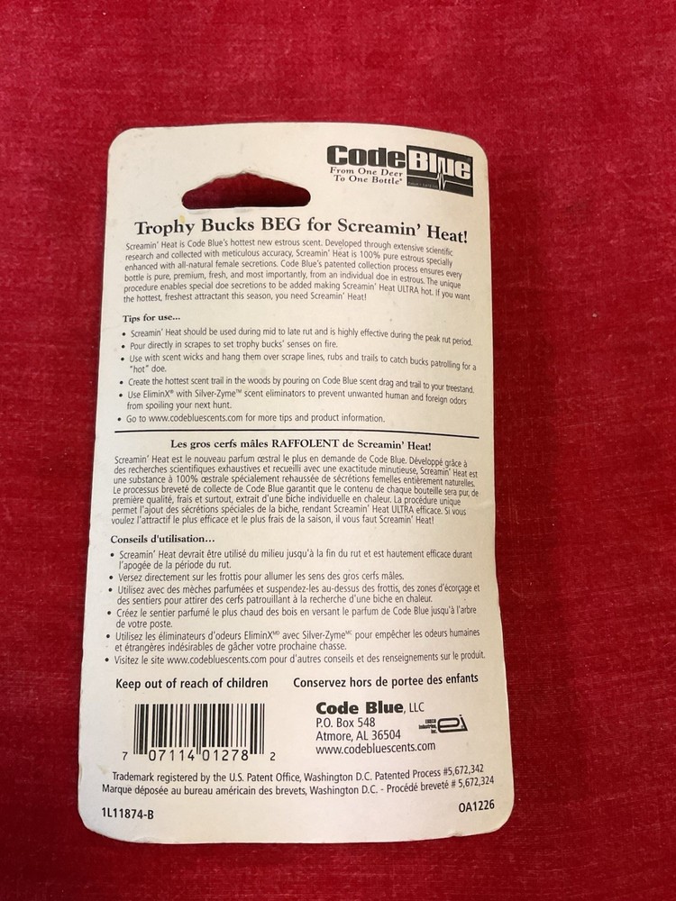 Code Blue Screaming Heat Enhanced Whitetail Scent. NIB. Never Opened