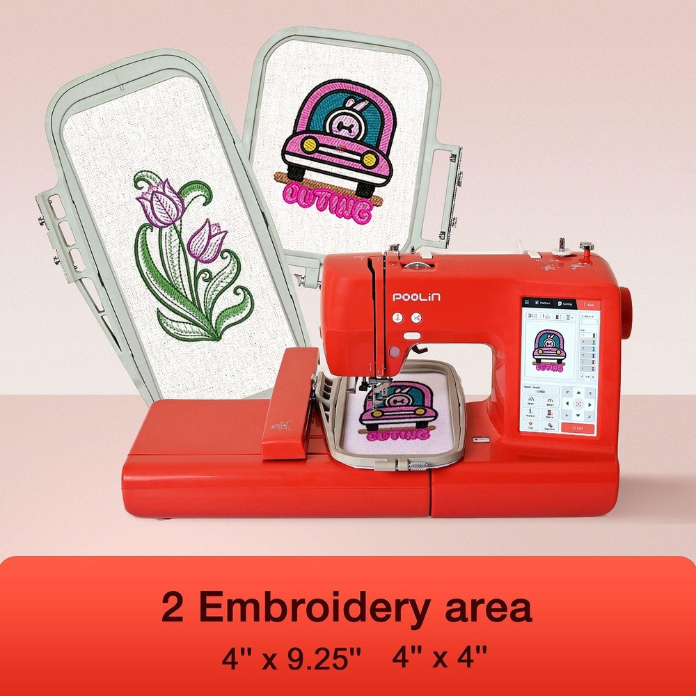 POOLIN EOC05 4in x 9.2in Embroidery Machine with Deluxe Accessory Bundle - Red