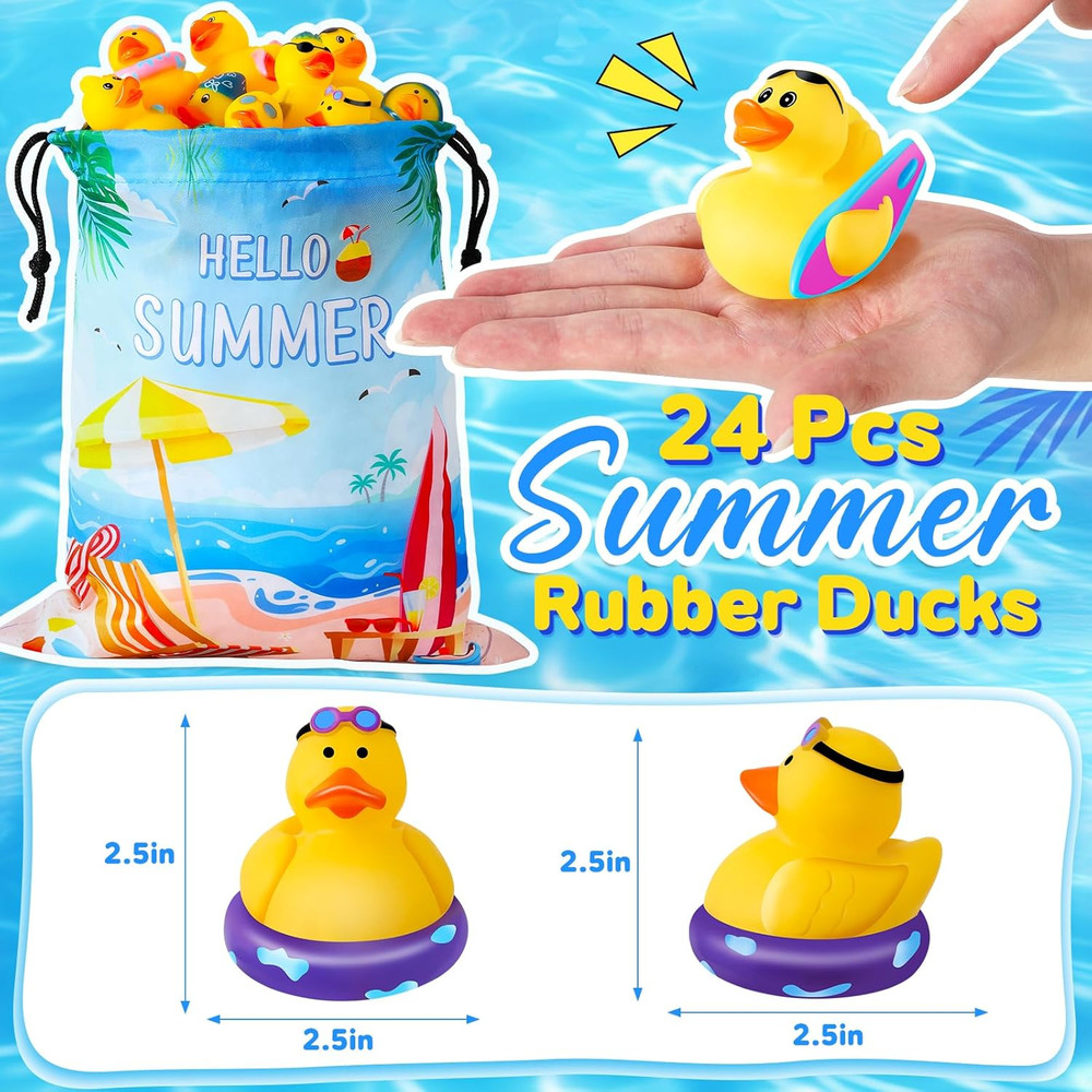 24 Pcs Summer Rubber Ducks Set for Beach, Bath, and Pool Fun