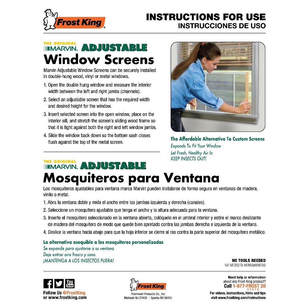 Adjustable Window Screen, 10" High with Wood Frame, Fits Windows 21 - 37" Wide