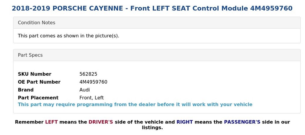 2018-2019 PORSCHE CAYENNE - Front LEFT SEAT Control Module 4M4959760