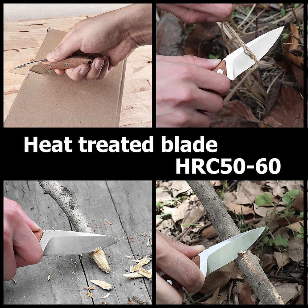 DURATECH Compact Fixed Blade Knife 6'' Full Tang Wood Handle with Molded Sheath