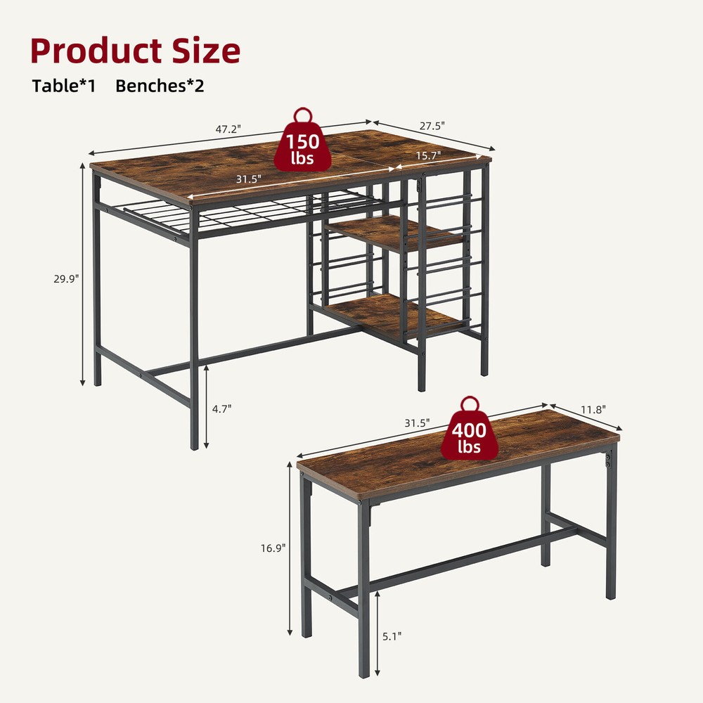 3 Piece Kitchen Dining Table Set for 4 with 2 Benches＆Wine Rack Rustic Brown