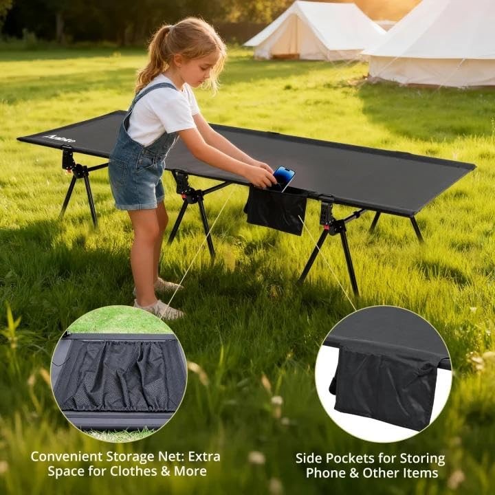 Height Adjustable Camping Cot with Storage Net & Bag, Support up to 400lbs Co...