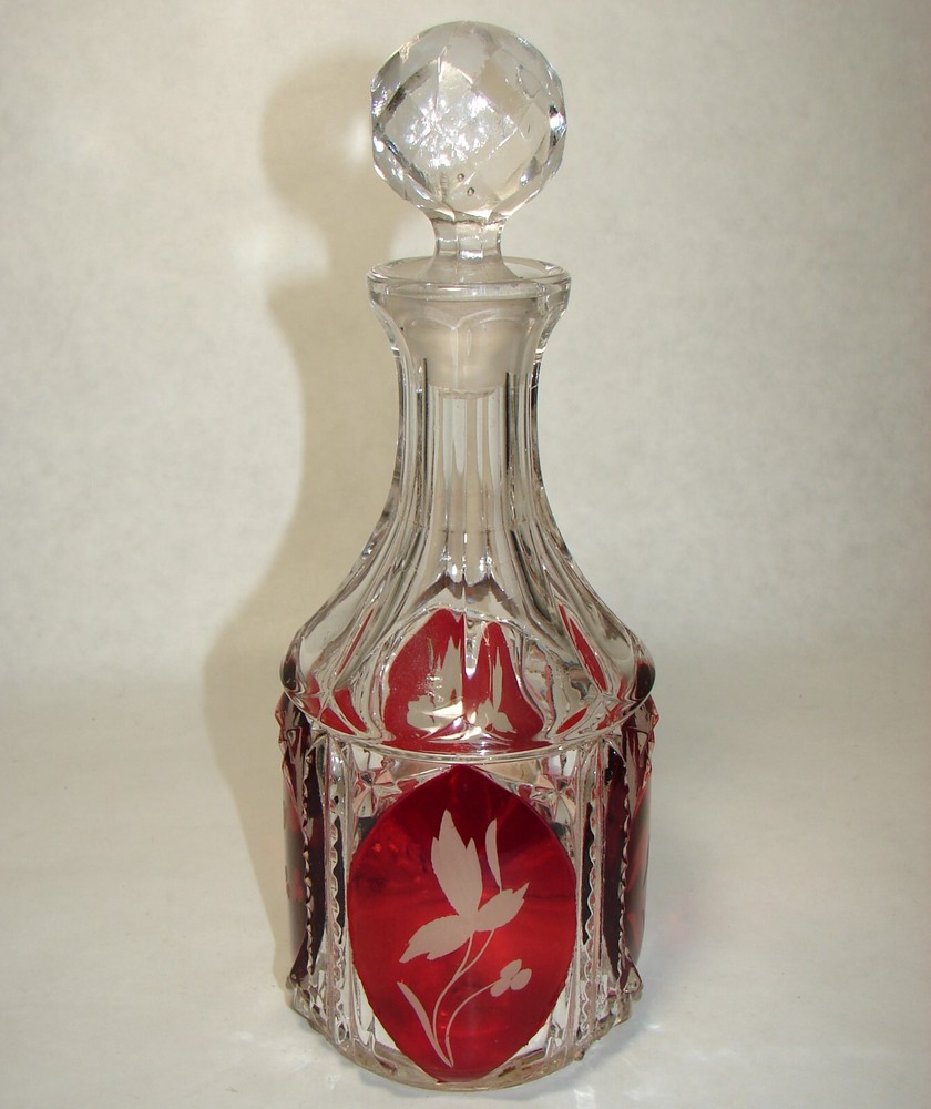 EAPG Windsor Pentagon Pattern Ruby Red Stained Glass Decanter Floral Cut