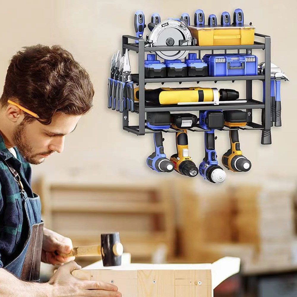 4-Layer Power Tool Organizer Wall Mounted Tool Rack for Cordless Drill Storage