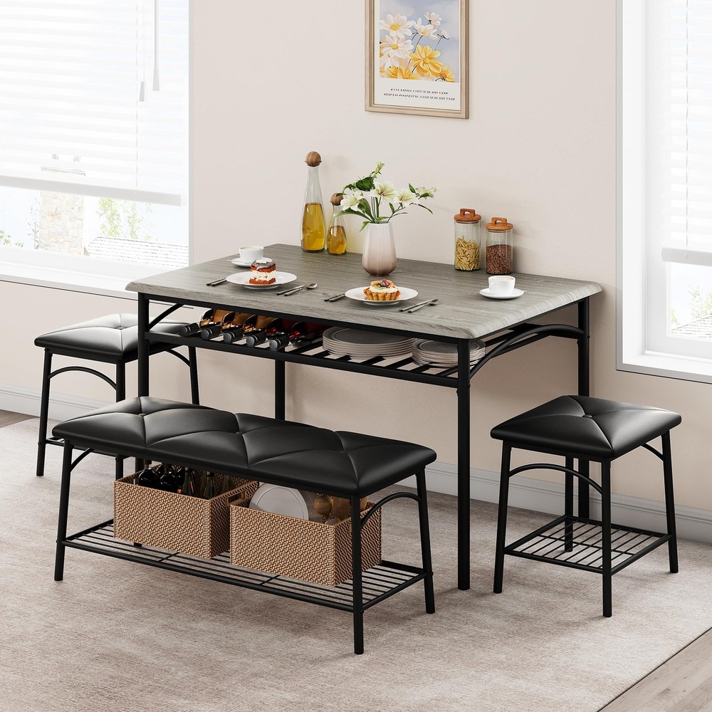 Dining Room Table Set for 4 Kitchen Table with Bench ,Stools & Storage Rack Grey