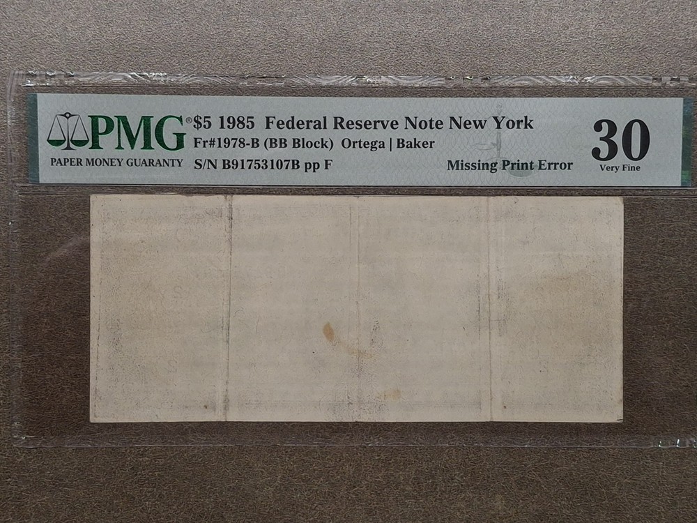 1985 $5 Fr#1978-B Missing Print Error PMG 30 Federal Reserve Note