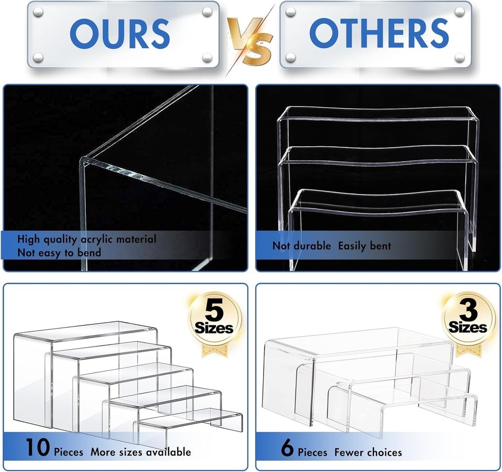 Space-Saving 10 Pcs Acrylic Riser Display Set - Clear Shelves for All Occasions