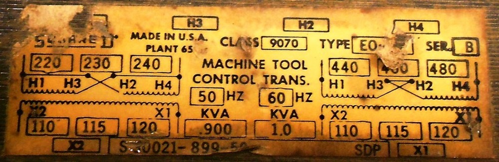 SQUARE D CONTROL TRANSFORMER CLASS 9070 SERIES B, E0-1