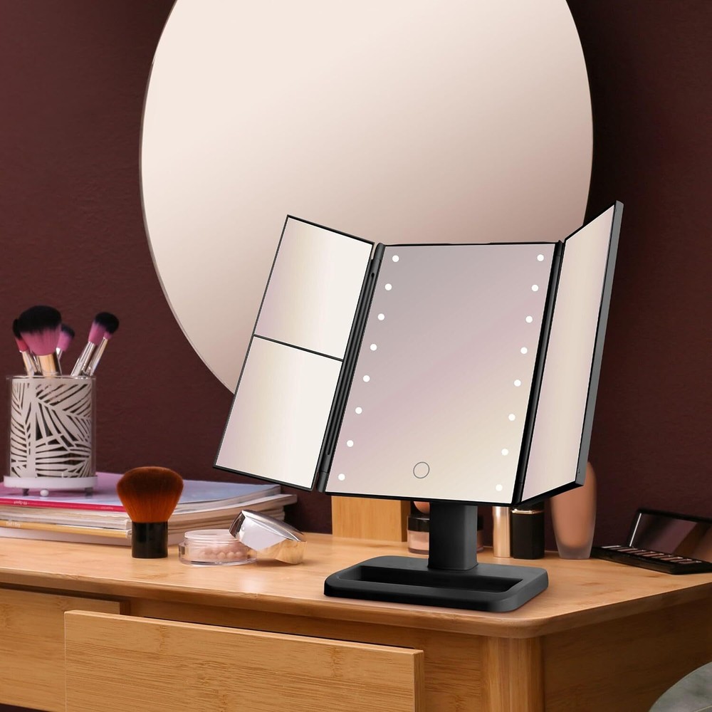 MELANNCO Black Tri Fold LED Vanity Mirror, 3 Magnifications and