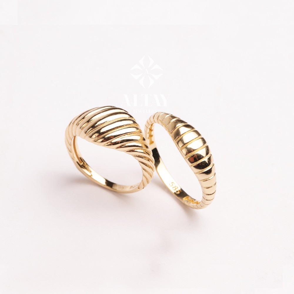 14K Gold Tiny Croissant Ring, Gold Ribbed Band, Twisted Dome Ring, Statement