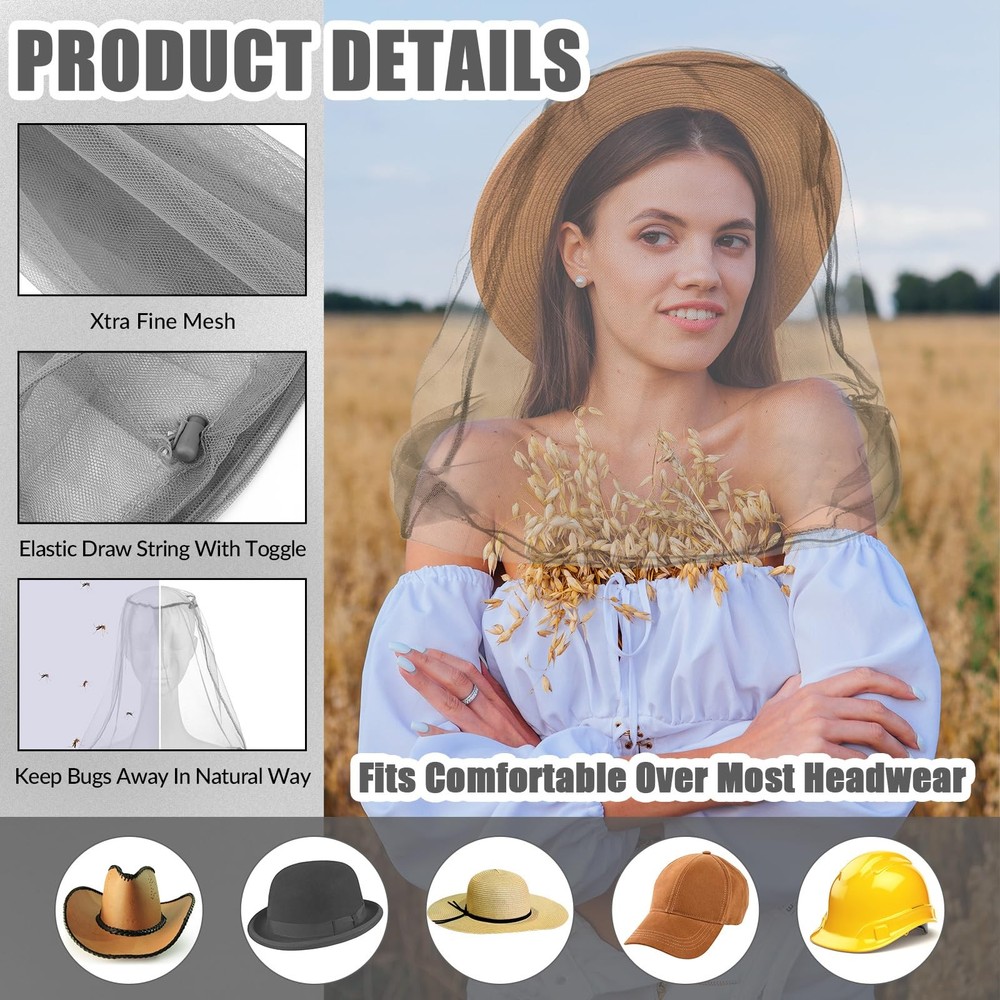 4 Pack Mosquito Bug Net Mesh for Head Mosquito Net Face Fly Netting Hood from...