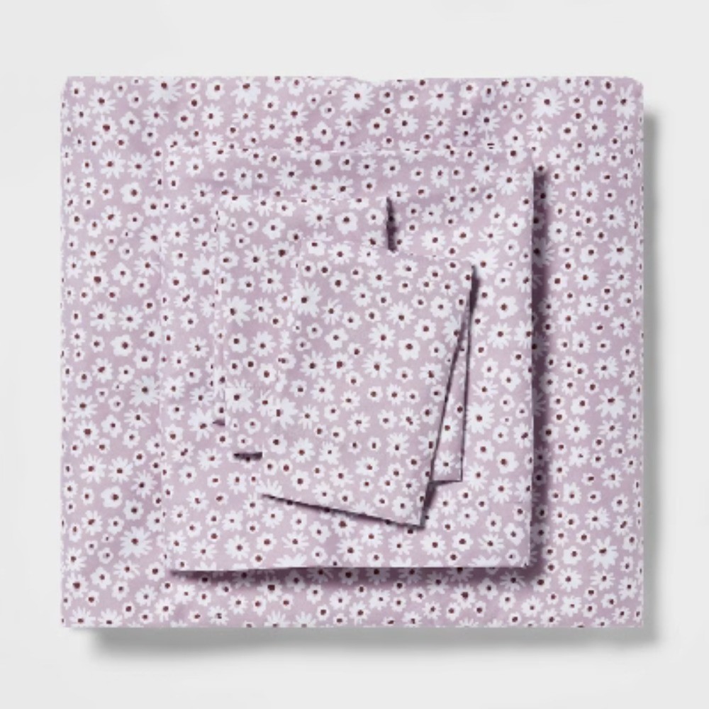 Full Printed Microfiber Sheet Set Light Purple Daisy: Botanical Pattern