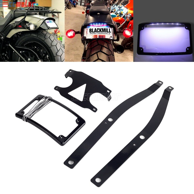 For Harley Fat Bob FXFB FXFBS Curved Relocation License Plate Mount w/ LED Frame