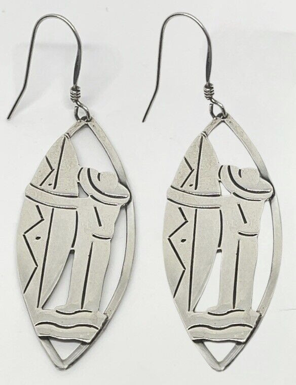 Taxco Mexico Sterling Silver Dangle Drop Pierced Earrings 3”