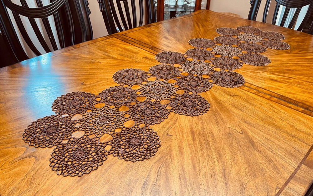HANDMADE BROWN & COPPER CROCHET BEADED RUNNER 5' /18"