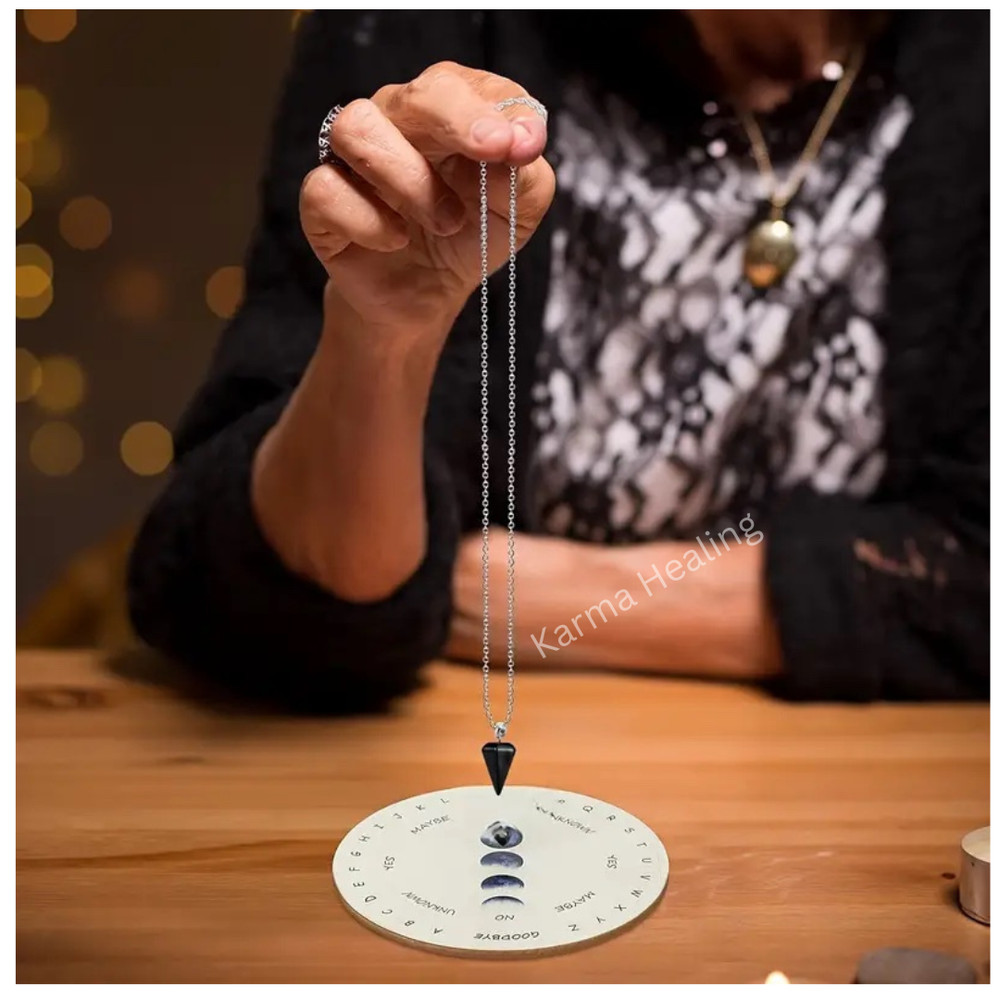 Pendulum Board Moon Phase with Black Crystal Pendulum & Pouch – 5.9"